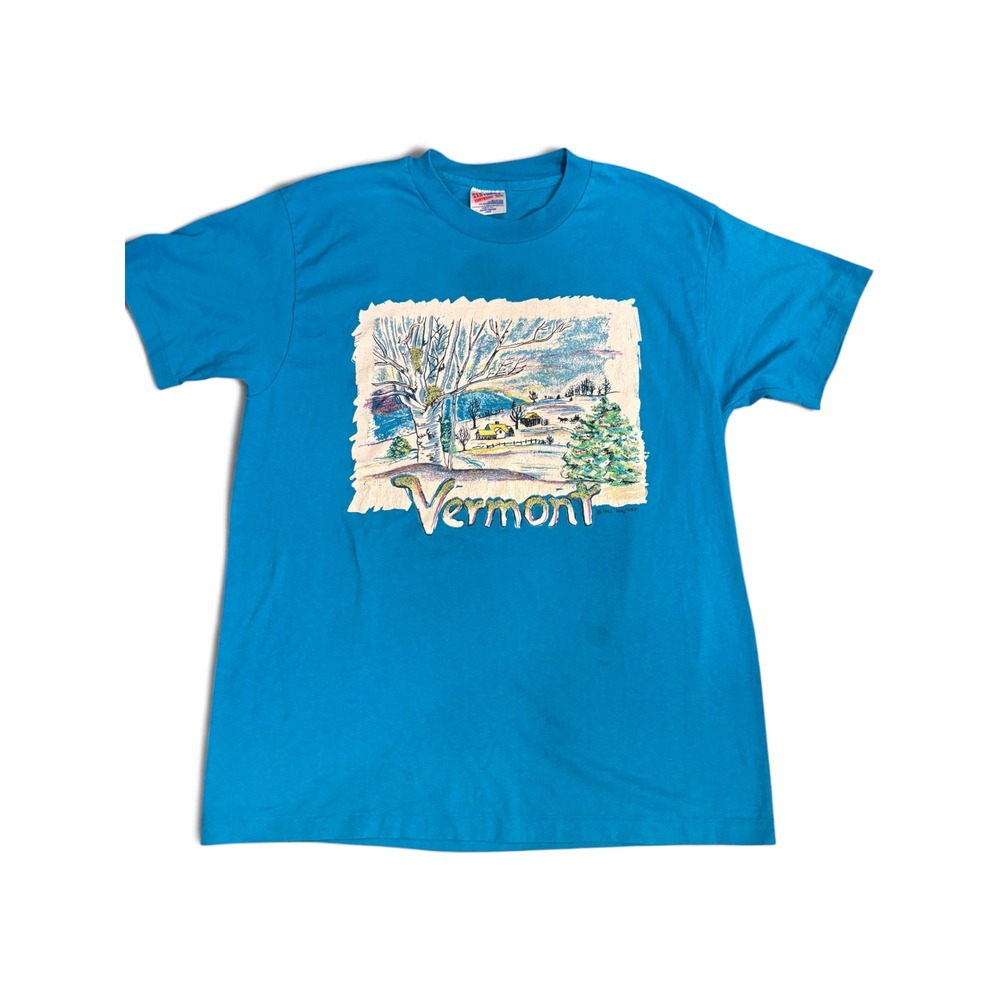 Vintage 1992 Vermont T Shirt Hanes Heavyweight 50/50 Blue Single Stitch L USA